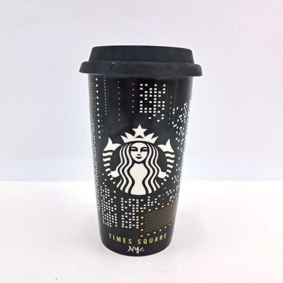 Starbucks Times Square NYC Broadway Travel Mug Ceramic Gold Black Silicon Lid - Picture 1 of 8